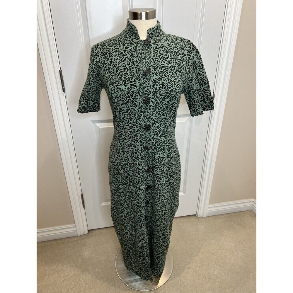 Cheppu Nepal Women Green Brown Art To Wear Mandarin Festival Front Shirt Dress M